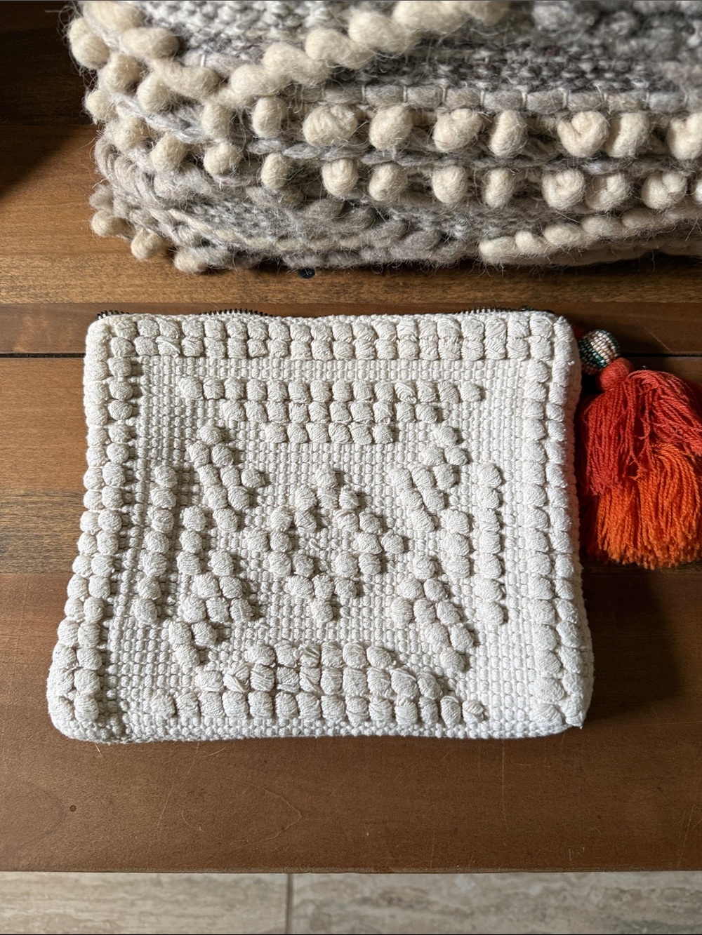 Universal Thread Cream Woven Accent Zipper Bag with Orange Tassel Accent